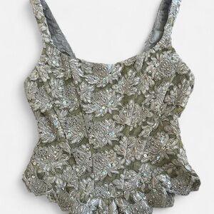 Cache Olive green sequin beaded corset top with intricate floral
